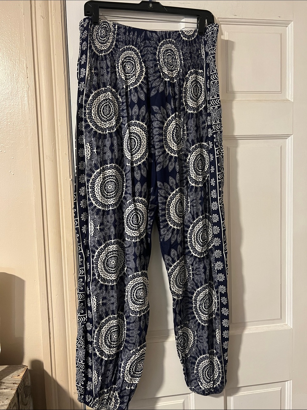 Boho Navy and White Wide-Leg Harem Pants